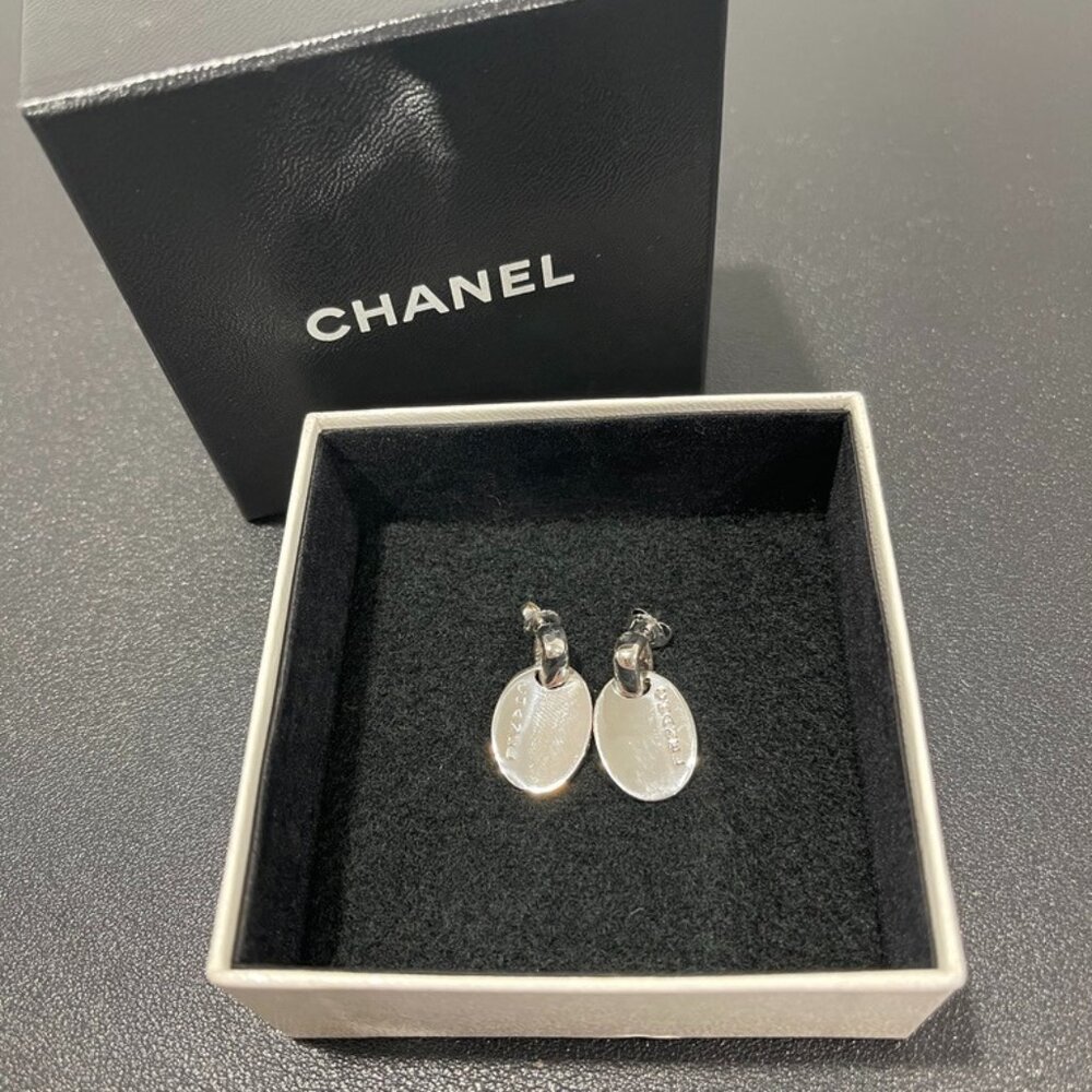Chanel Sterling Silver .925 vOval Logo Plate Earrings Pierced (JB1214)